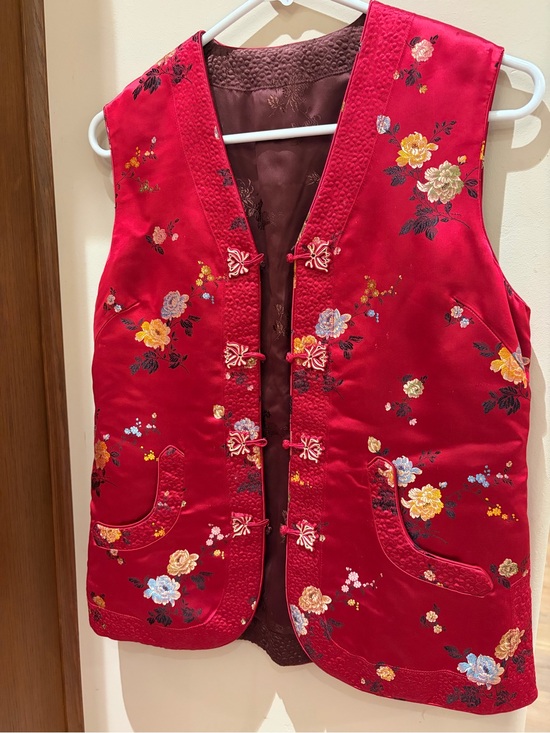 Vintage Jackets & Blazers - Vintage Red Floral Embroidered Reversible Chinese Traditional Vest